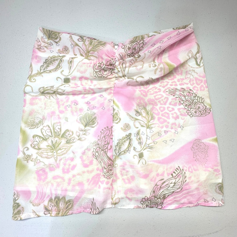 Tiger Mist Abriella Mini Skirt XS Low Rise Floral Leopard Ruched Pink Green